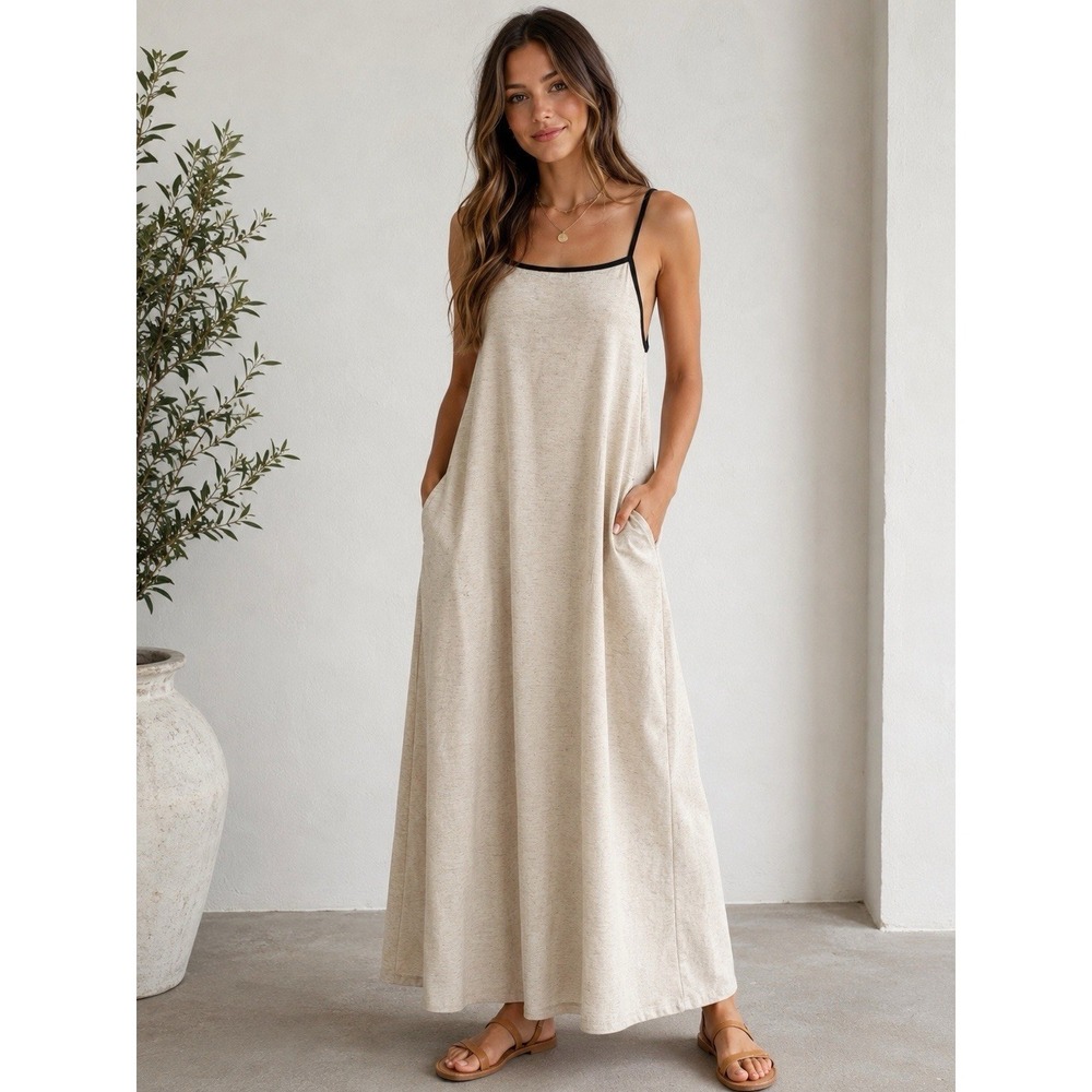 Shy Velvet 100% Linen Contrast Trim Maxi Dress Neutral Minimalist Size M NWT